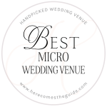 circular badge that states: handpicked wedding venue, best micro wedding venue, here comes the guide dot com
